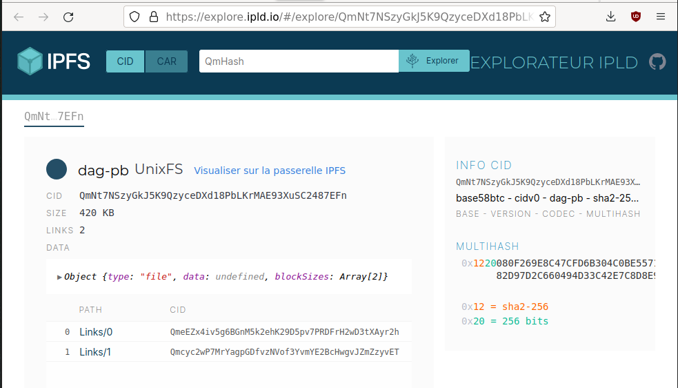 A screenshot of the IPFS explorer